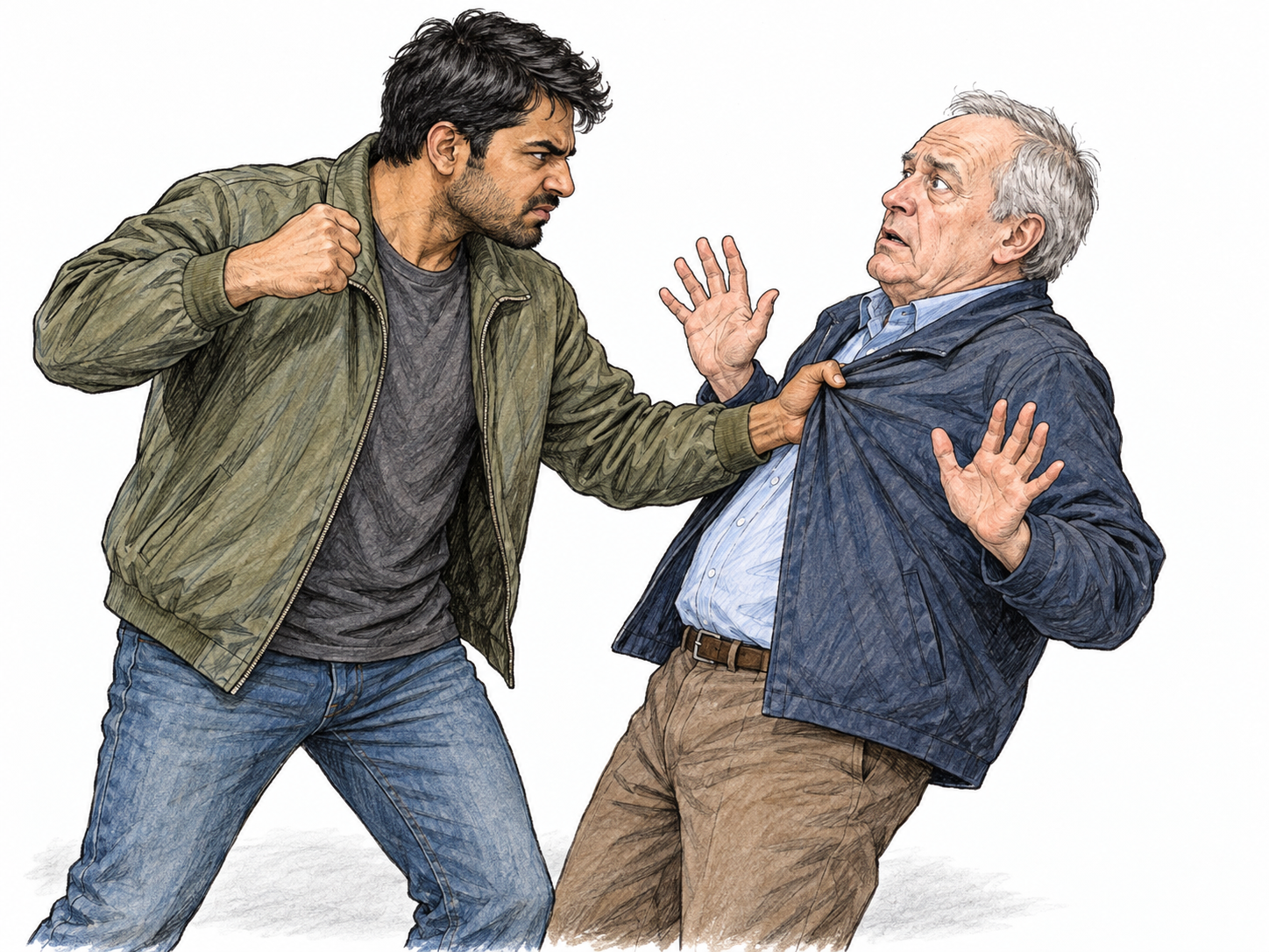 A rough intimidator grabs an older man's jacket and raises a clenched fist, while the older man recoils with open defensive hands.