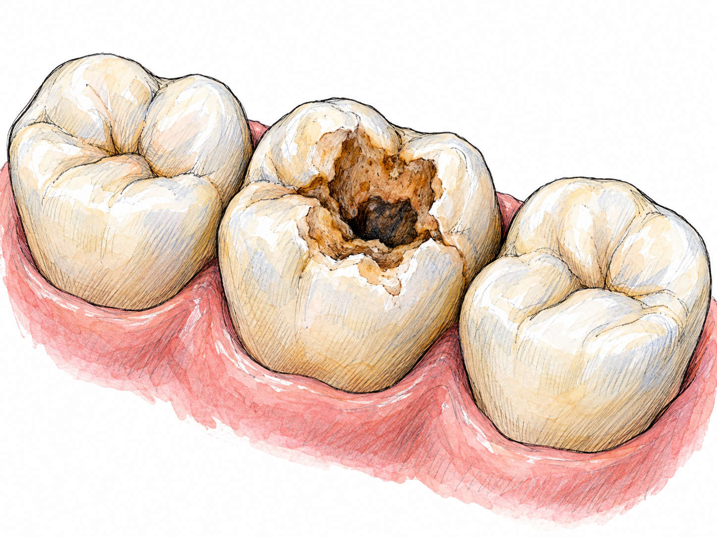 A close-up of a realistic molar with a clearly visible irregular decay hole in its chewing surface, flanked by two sound teeth for contrast.
