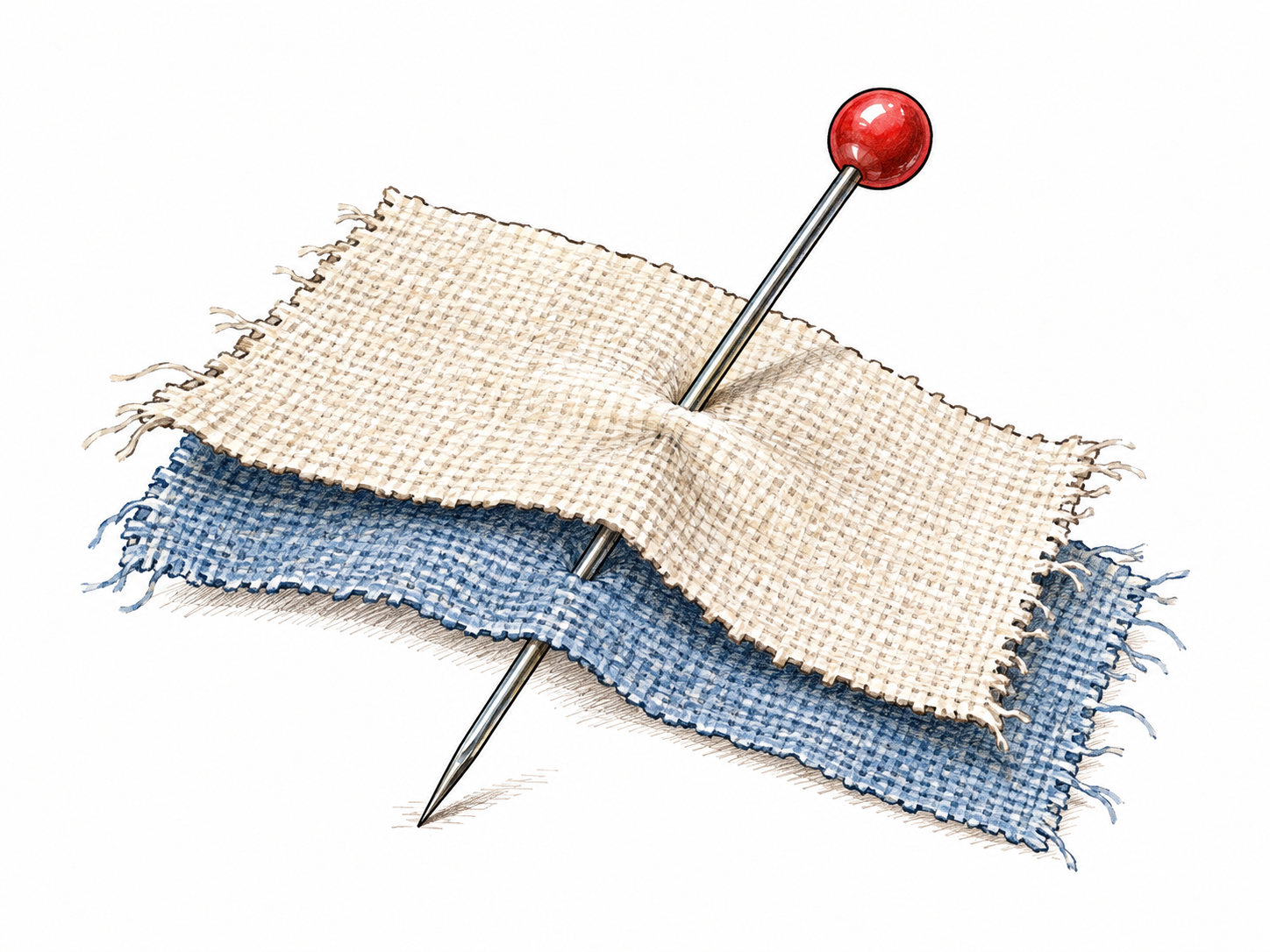 A small straight sewing pin with rounded head pierces two overlapping scraps of plain fabric, enlarged clear sharp point and simple fastening function.