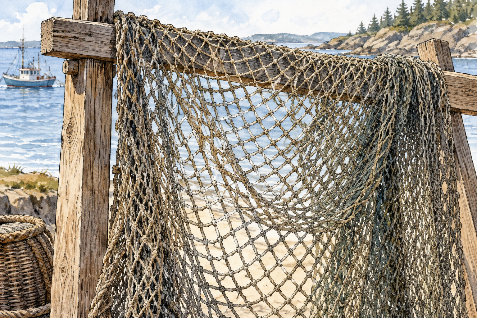 Close view of open mesh fishnet fabric draped over a plain wooden frame, distinct repeated diamond-shaped holes, no person.