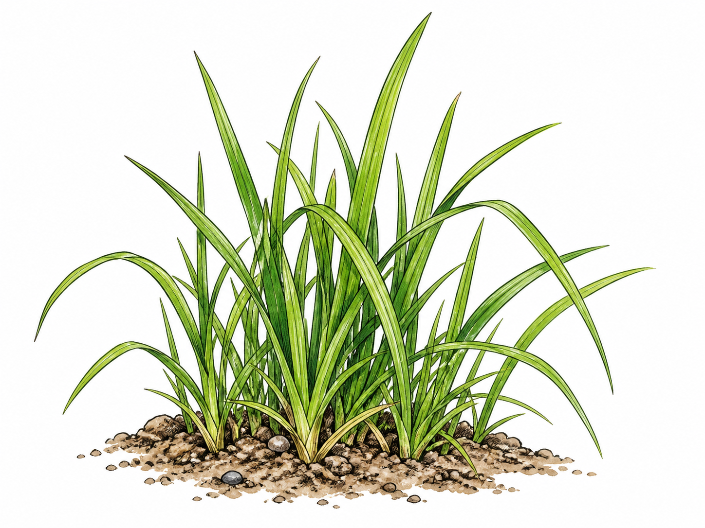 A close botanical clump of common narrow-bladed green grass shows individual stems and a little soil.