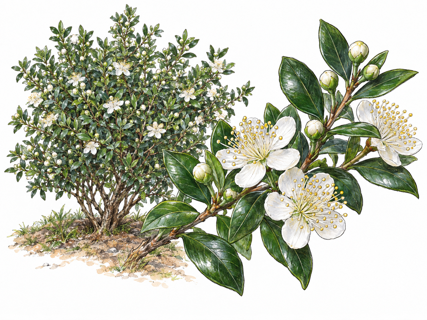 A flowering common myrtle shrub with a prominent foreground branch showing glossy evergreen leaves and distinctive white, many-stamened flowers.