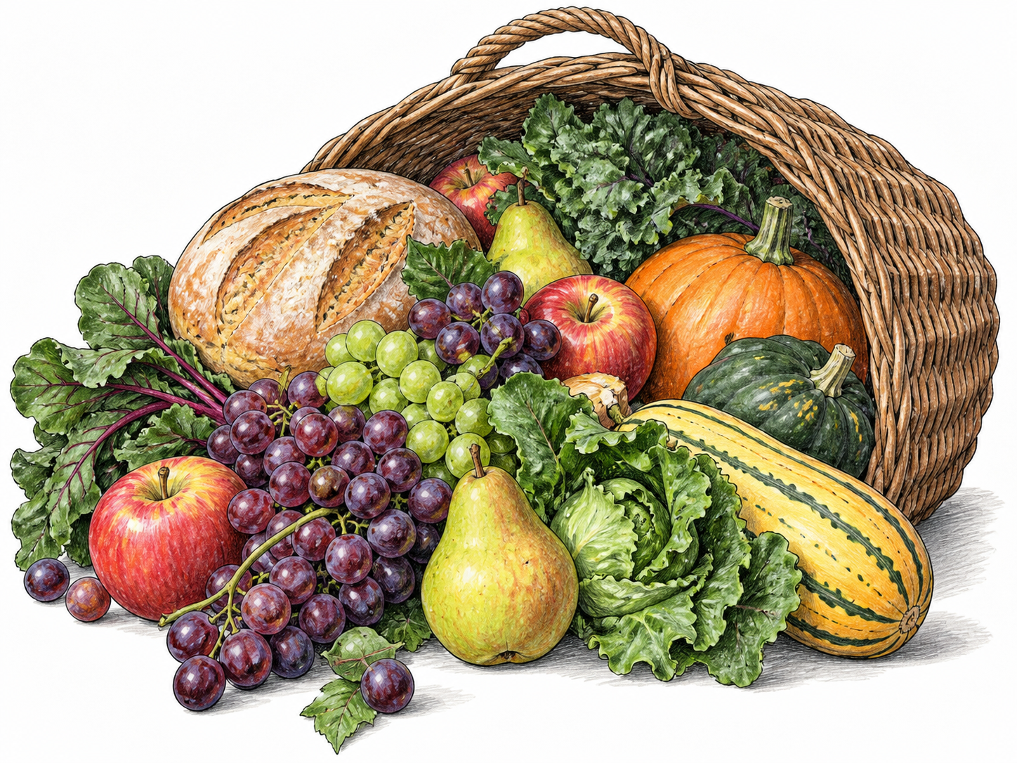 A broad basket overflows with varied fruit, vegetables and bread.