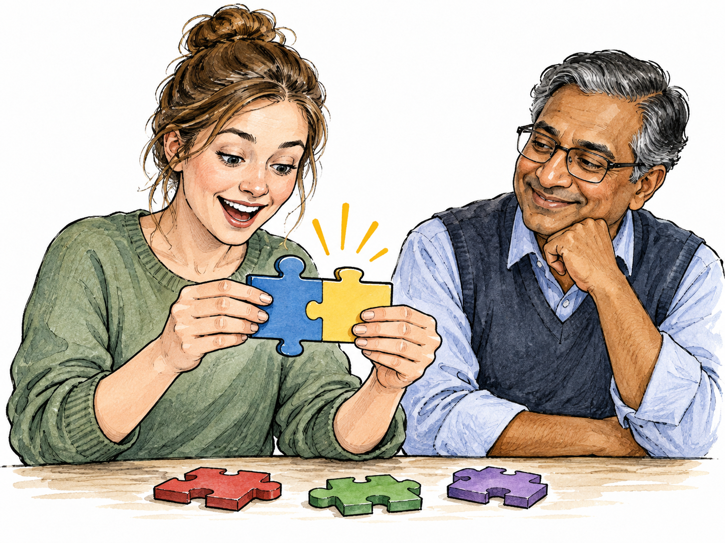 An adult learner examines two interlocking puzzle parts and suddenly fits them correctly, face showing comprehension, while tutor watches.