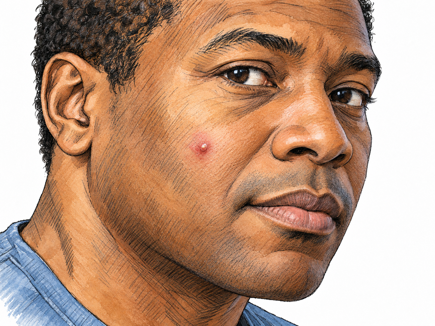 A close-up three-quarter view of a man's face with one small, visibly raised red pimple with a tiny white center on his cheek.