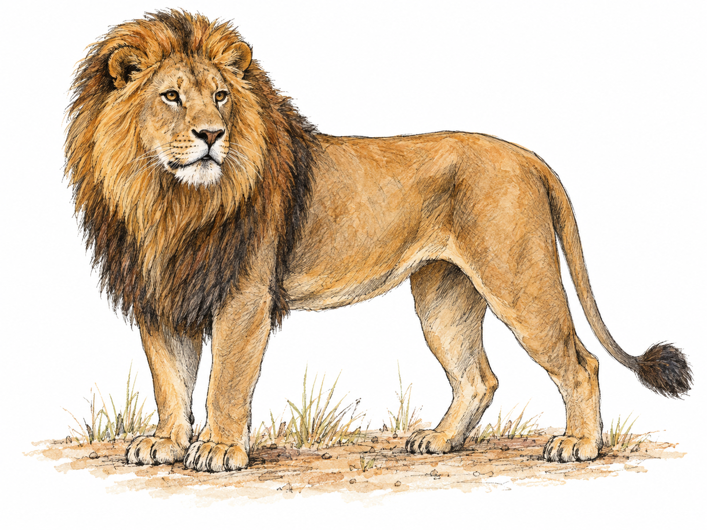 A single adult male lion stands in three-quarter side view, clearly showing its tawny coat, full mane, powerful paws, and tufted tail.
