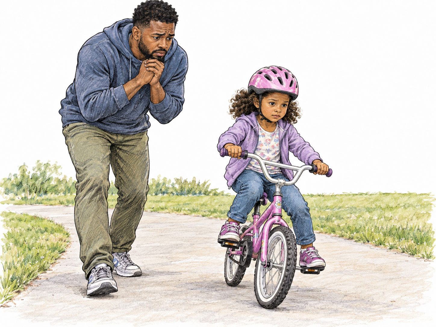 A young father watches his small child learning to ride a bicycle.