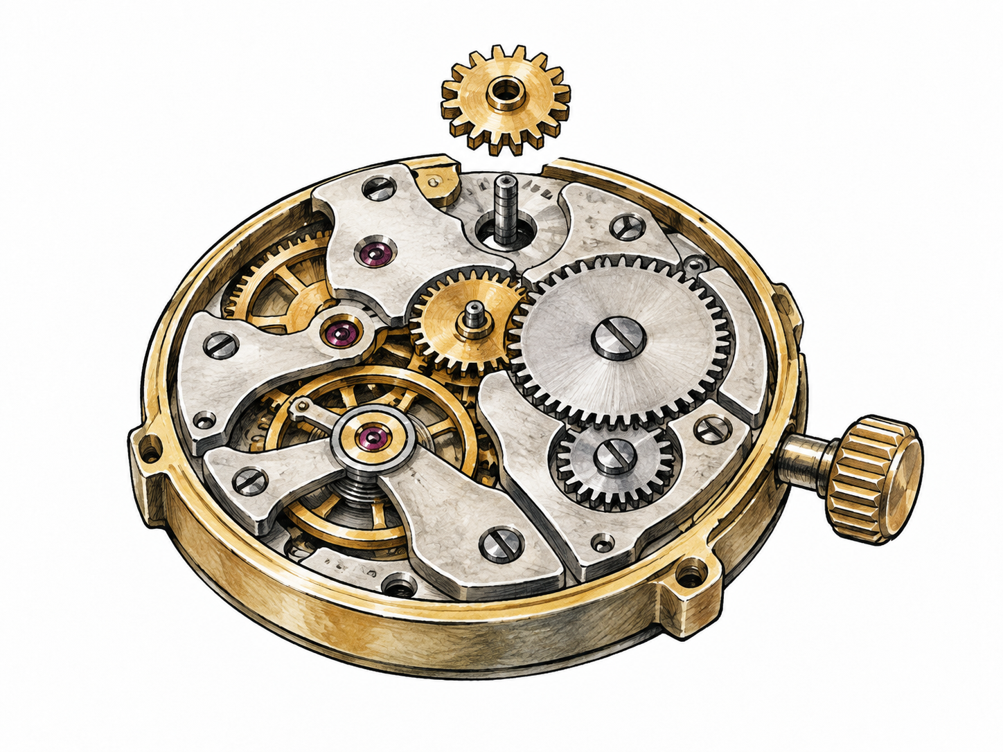 One small gear separated just above its matching position inside simple clock mechanism, obvious part of a larger whole, no arrows or labels.