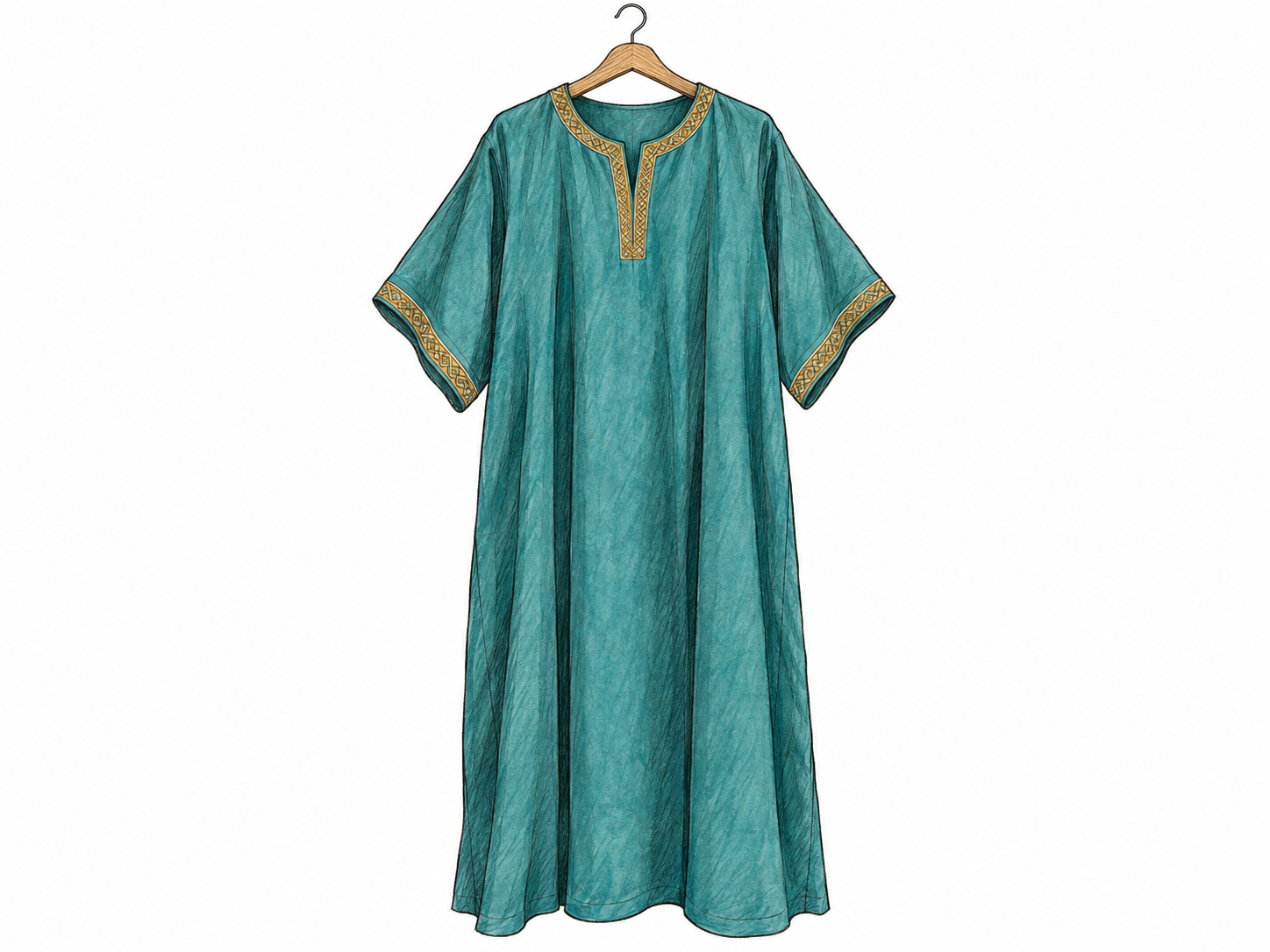 A single ankle-length caftan displayed on a plain wooden hanger, its broad loose body, wide sleeves, and short slit neckline clearly visible.