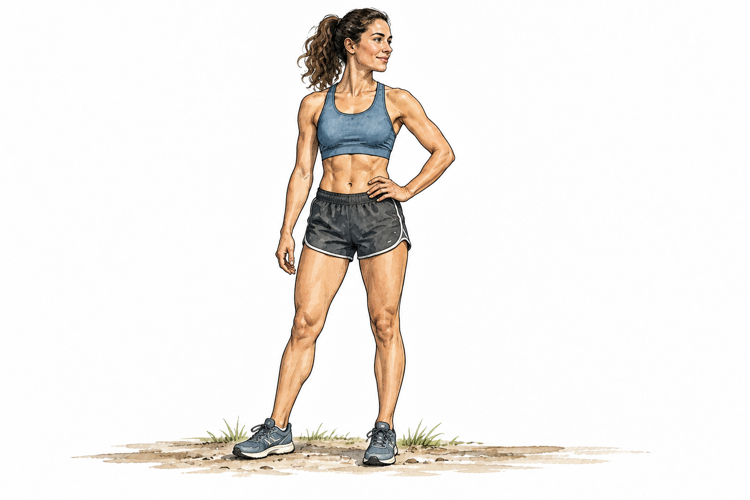 Full-length adult athlete stands naturally in modest fitted sports clothing, healthy body shape and build clearly visible.