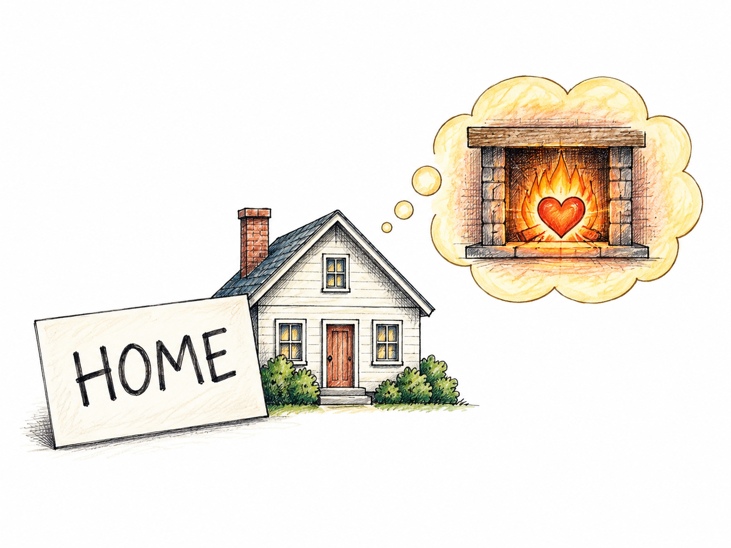 Brief functional example word HOME on small paper card; beneath it literal simple house icon and warm heart/glowing hearth image in faint association bubble show meaning plus affectionate feeling.