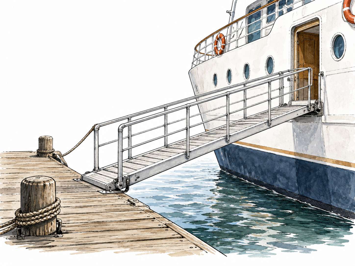 A sturdy gangway connects a dock to a moored passenger ship, clear railings.