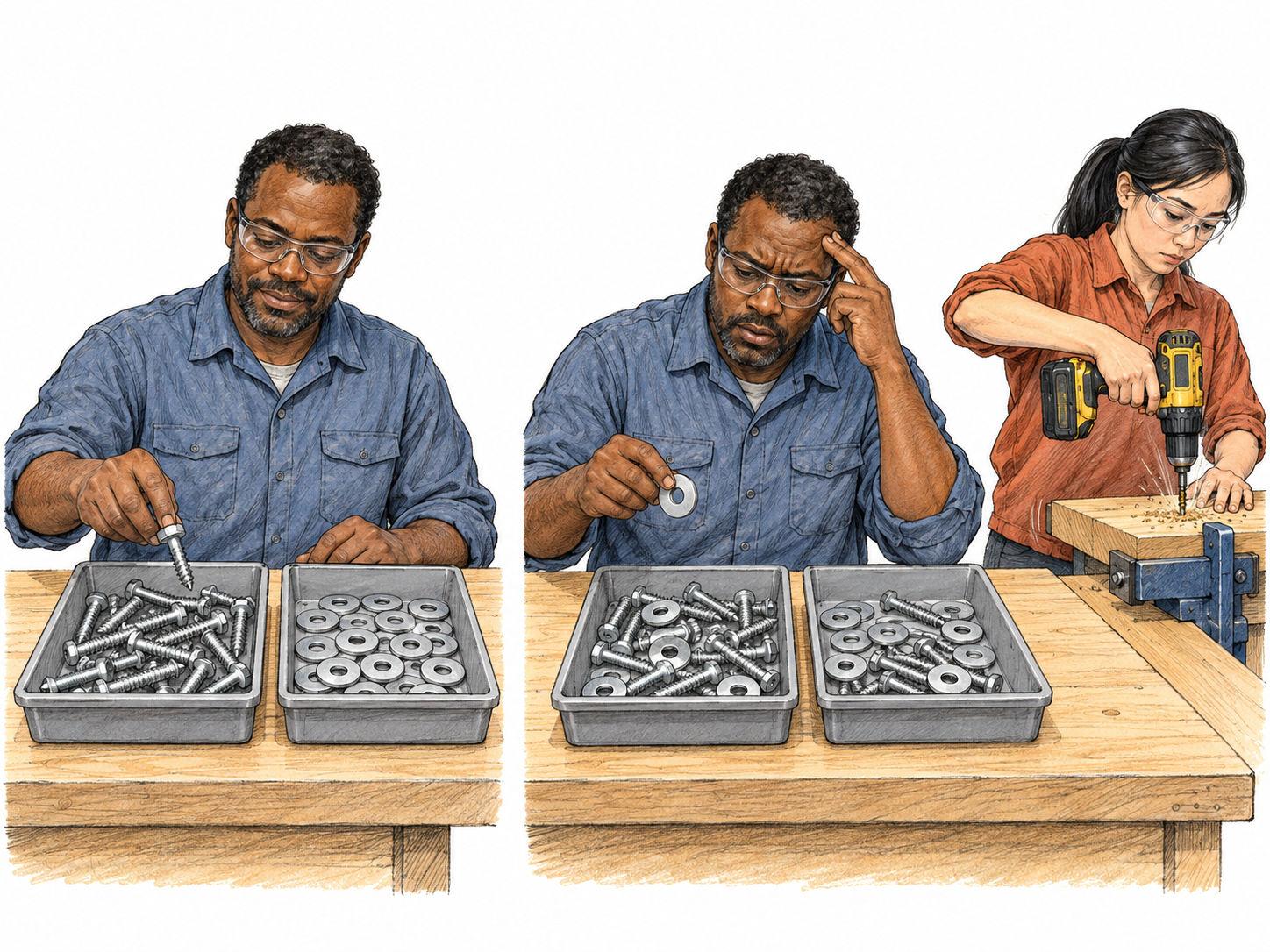 A compact before-and-during sequence shows loud nearby drilling addling a man's thinking: an orderly hardware-sorting task becomes visibly muddled while the materials themselves remain undisturbed.