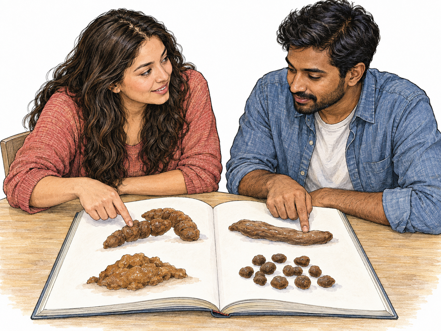 Two casually dressed adults lean over a large open picture book devoted to recognizable feces of different shapes.