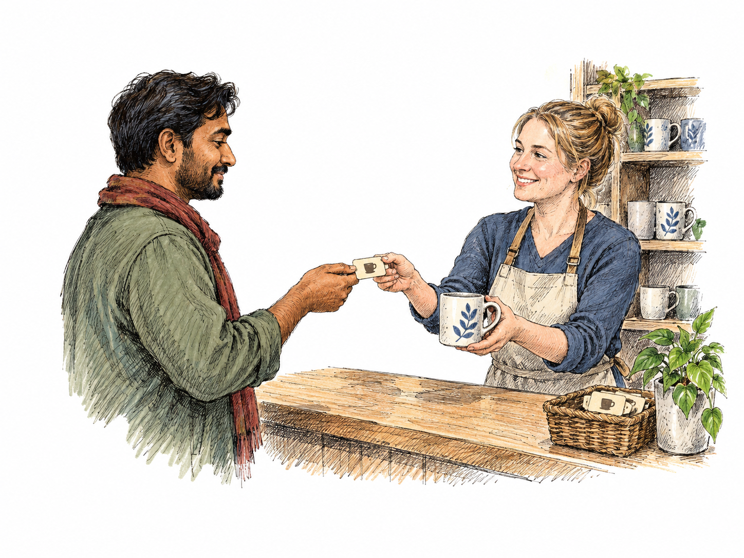 Close clear counter exchange: a store worker accepts a gift token with one cup pictogram while giving a customer a ceramic mug; token being exchanged for its promised value.