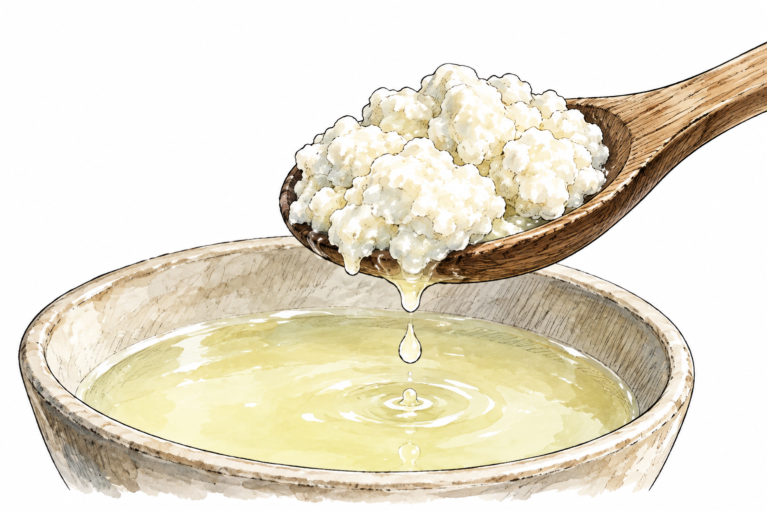 Close view of soft white milk curds on wooden spoon above whey bowl.