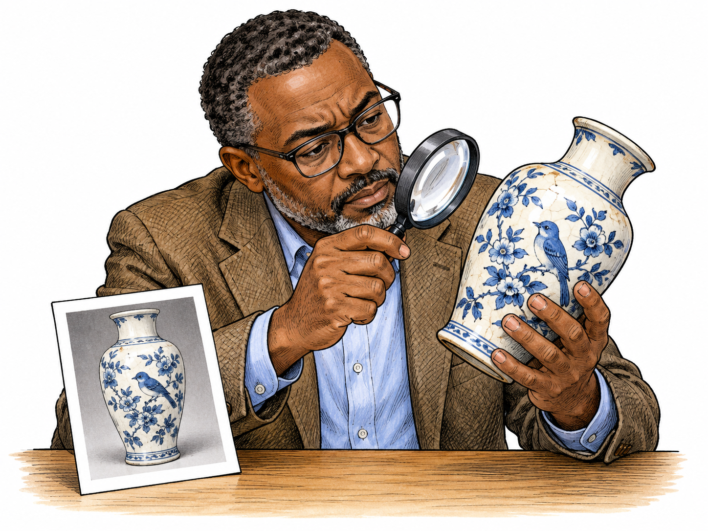Appraiser examines a ceramic vase with a magnifying glass and compares it carefully to a pictorial reference photograph.