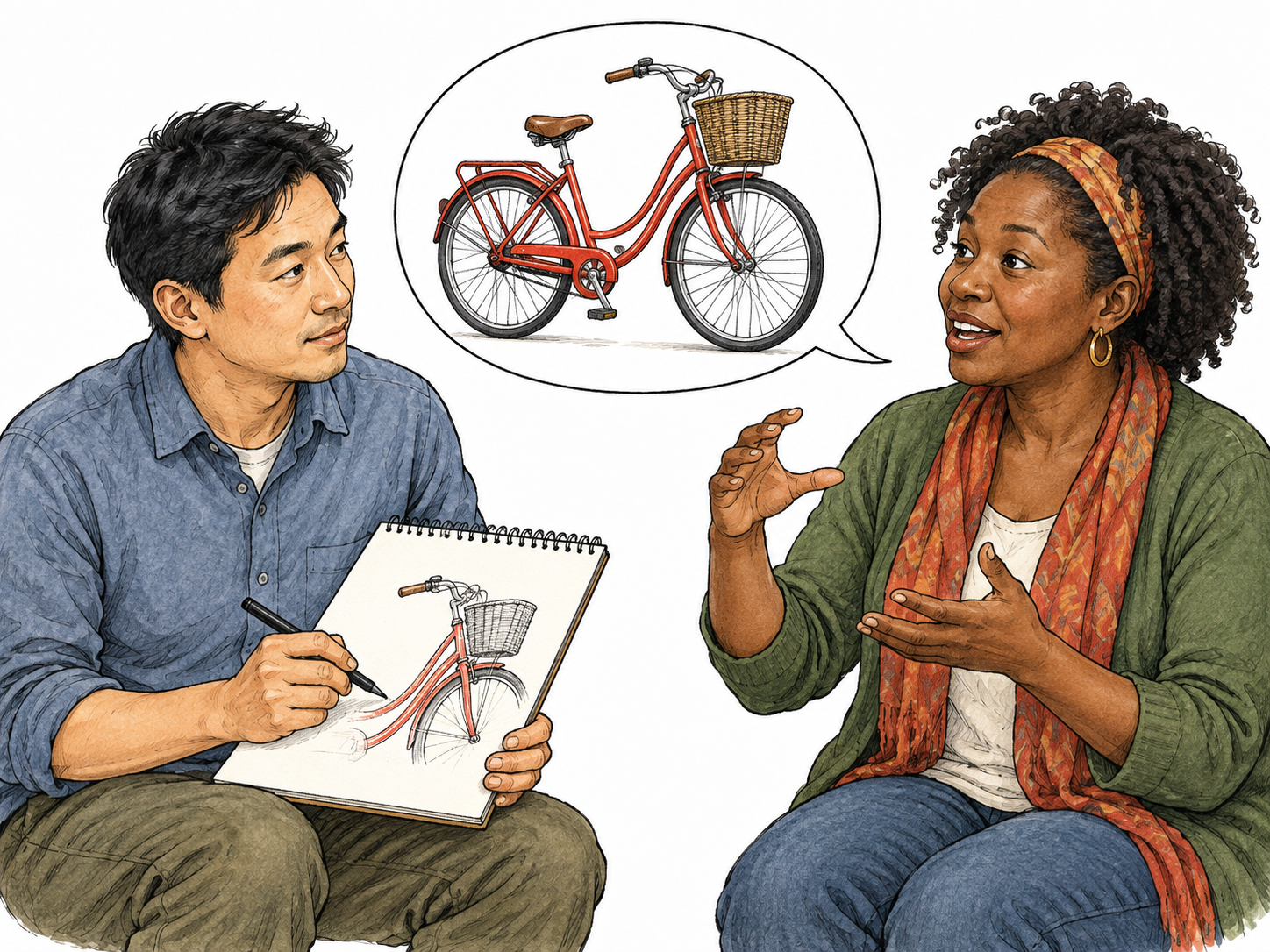 An adult listens to someone describing a distinctive red bicycle and sketches the relevant curved frame and basket on a plain pad, details matching the bicycle pictured in a small inset, no words.