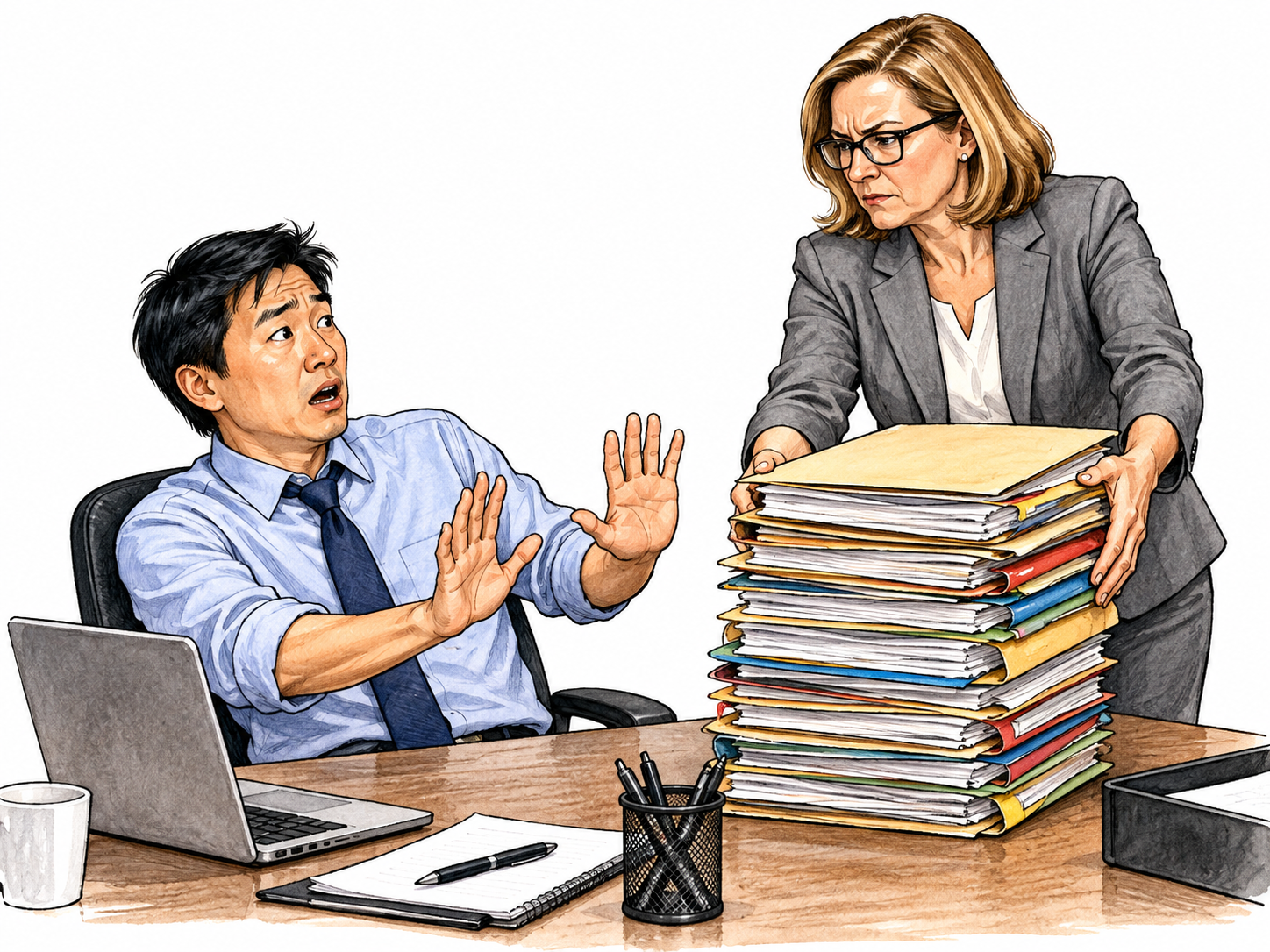 An office manager adds a large stack of folders to an already burdened employee's desk while the employee raises an objection; imposed burden clear.