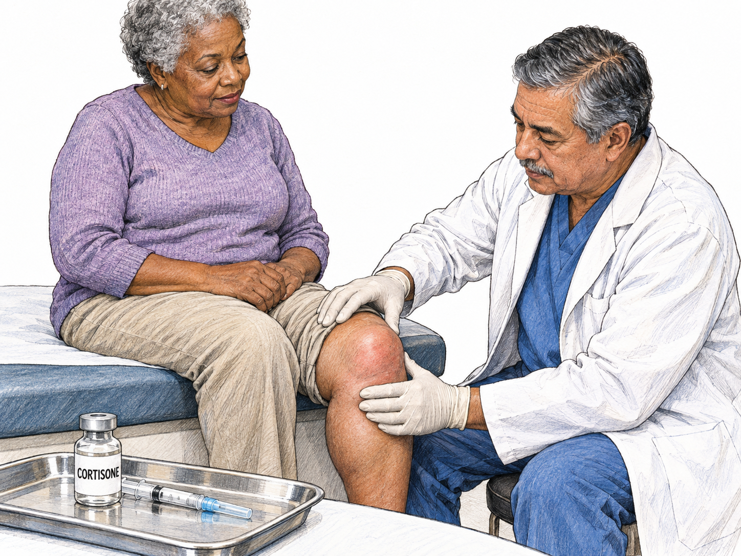 Cortisone medicine presented beside a clinician treating a visibly inflamed knee.