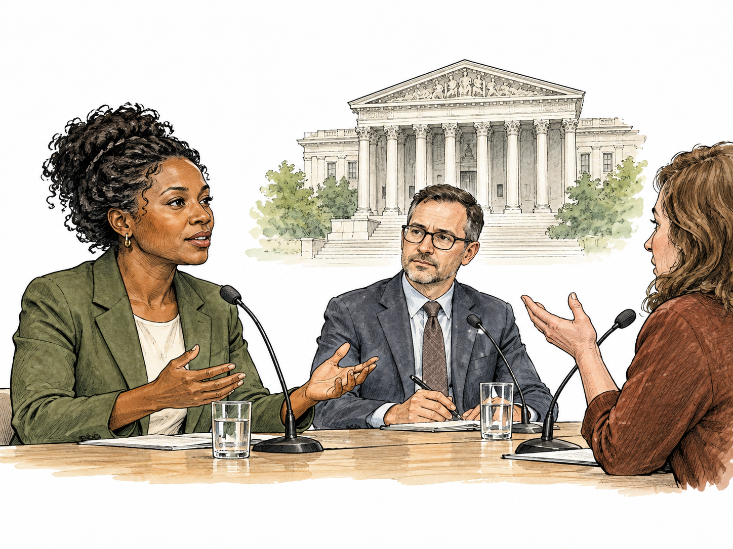 A Black woman calmly defends an institution's actions in a moderated public discussion.