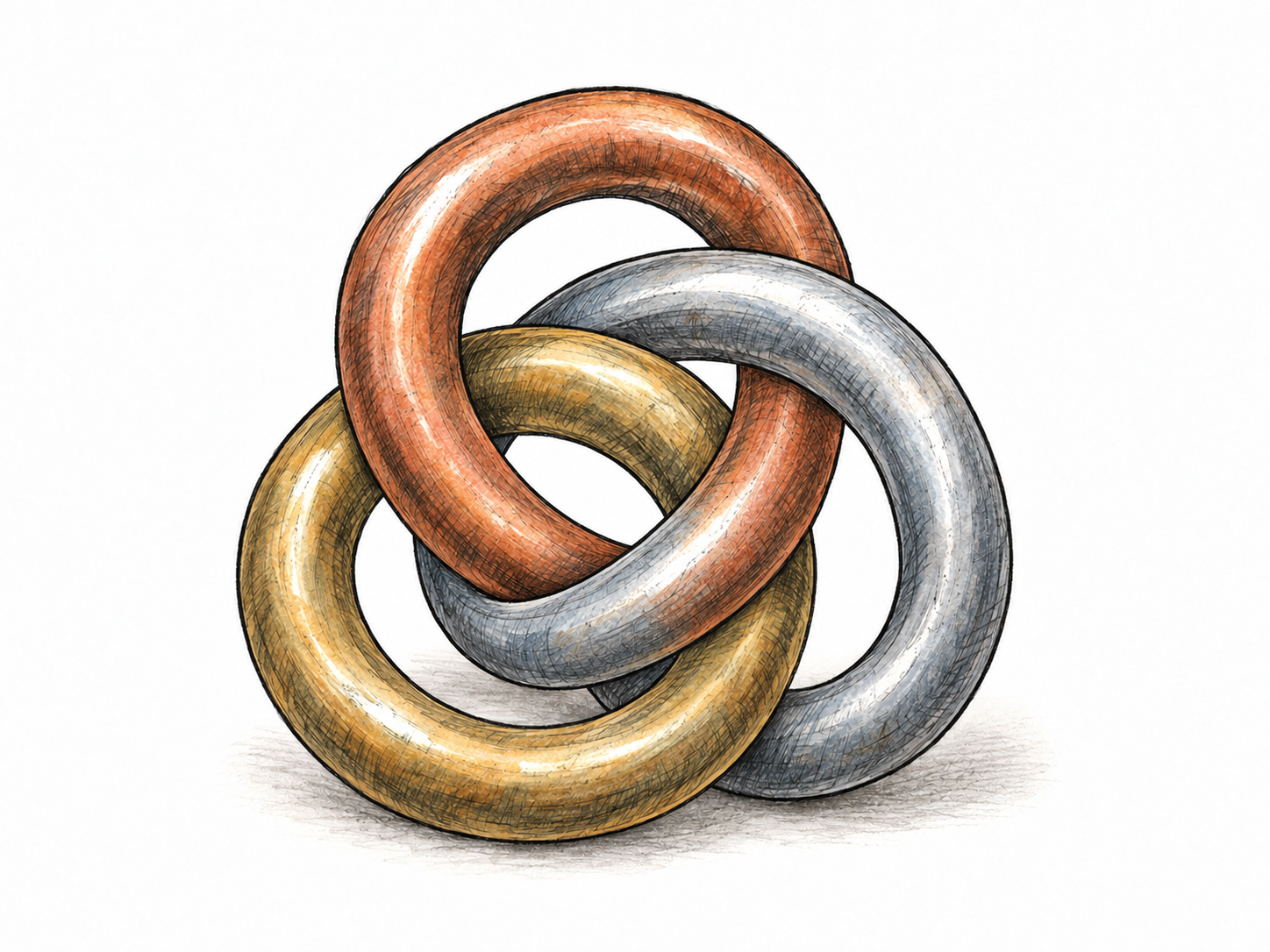 Exactly three interlinked metal rings form one compact, inseparable group, making both the three distinct members and their close connection visible.