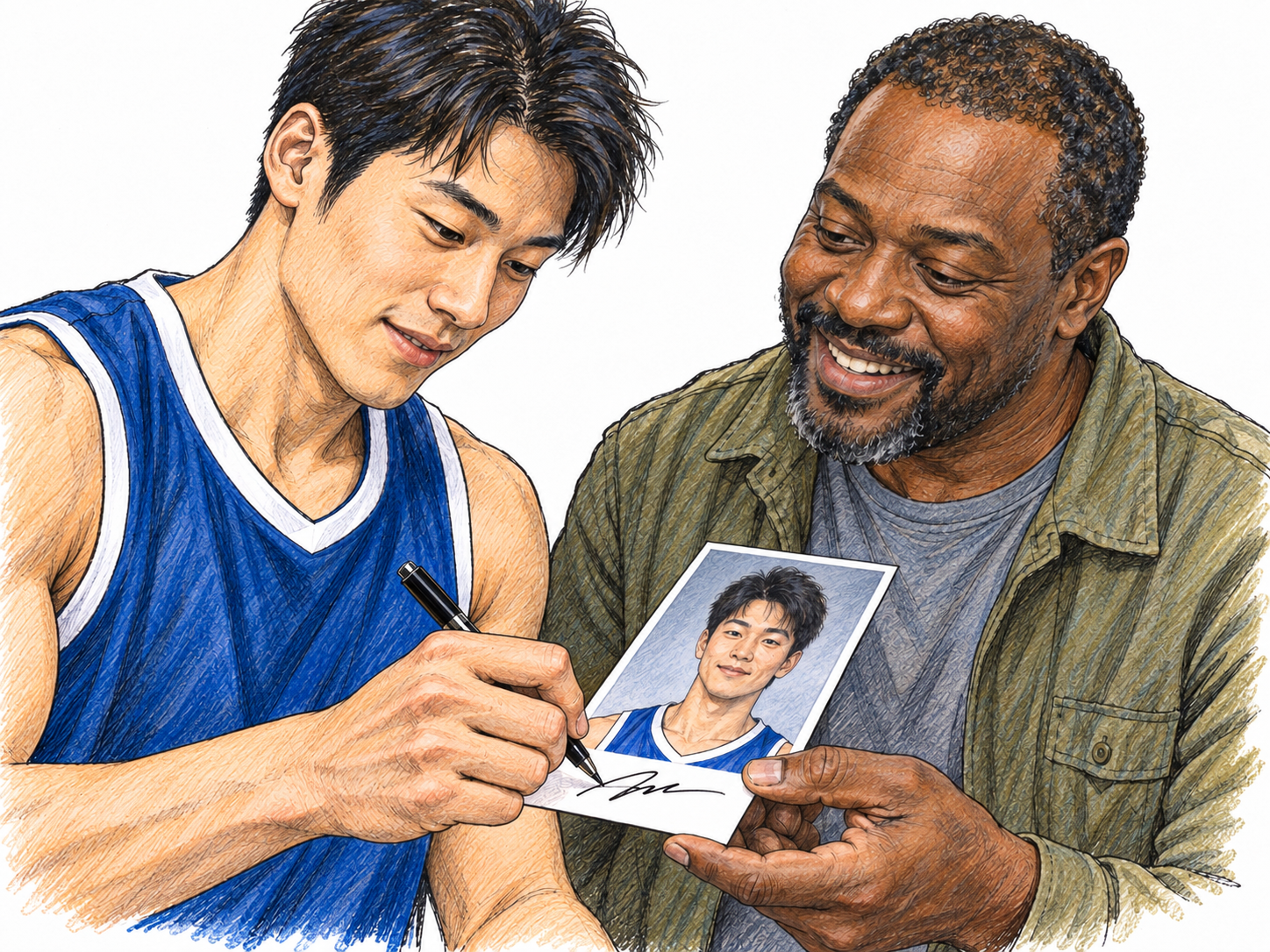 A young athlete signs a small portrait photograph of himself held out by an admiring fan; the fresh handwritten signature is the focal object.