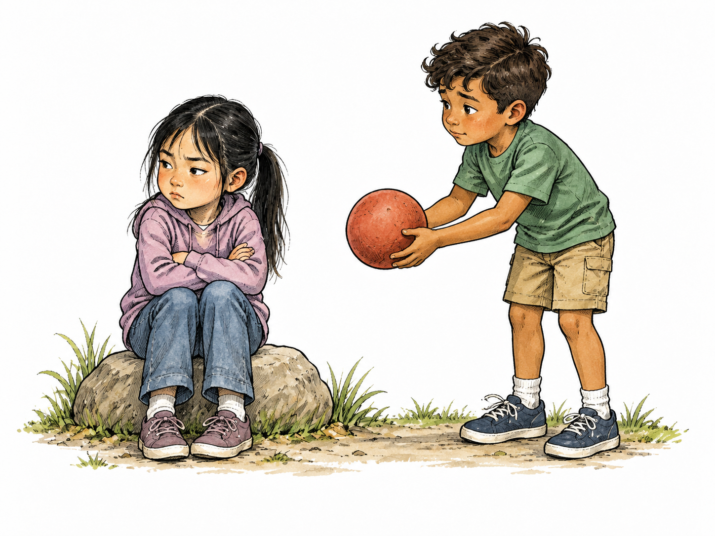 A child sits resentfully apart with folded arms after an unfinished game while another child offers a plain ball; closed expression rather than anger outburst.
