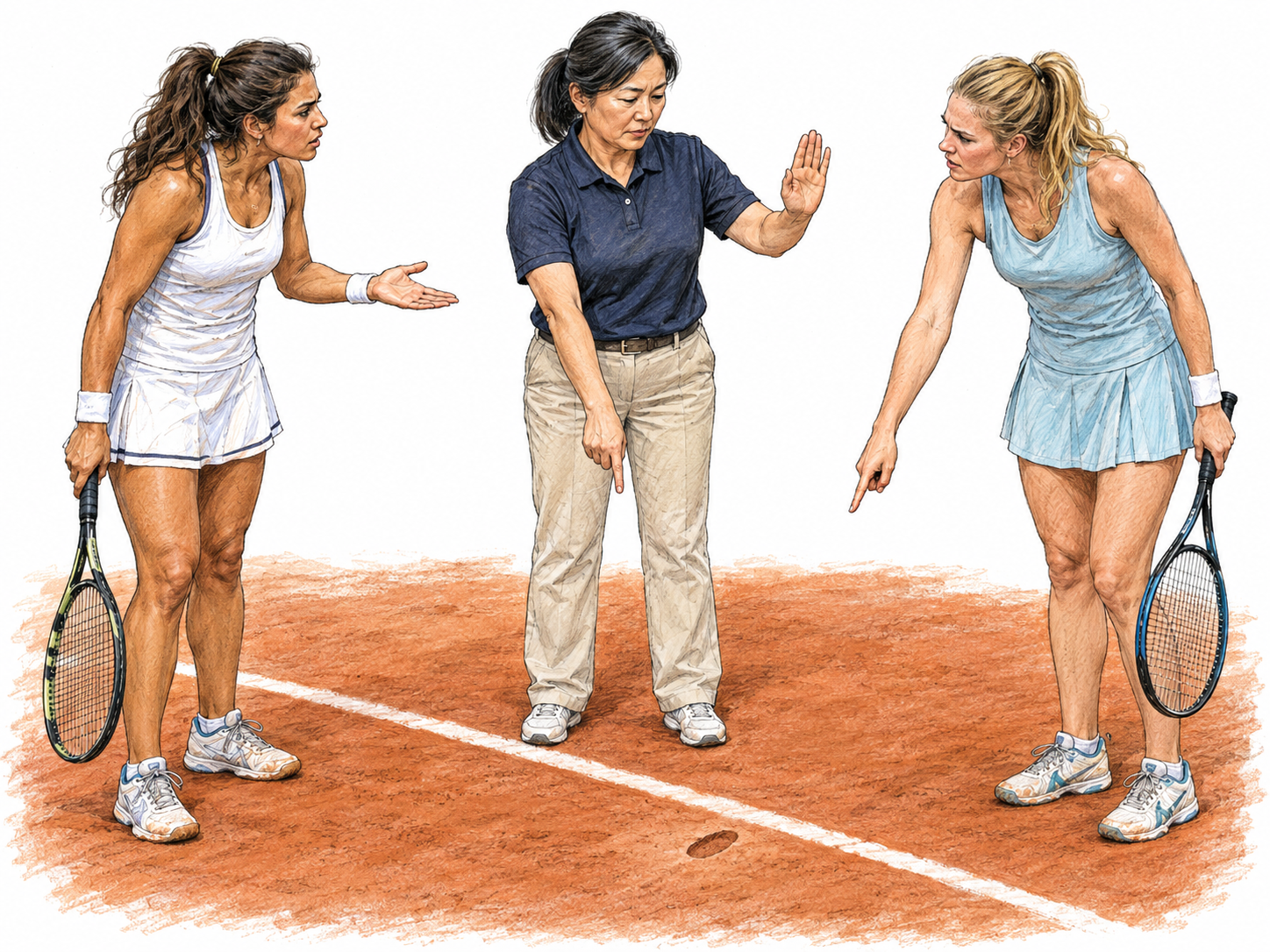 A tennis umpire settles a disputed line call: two opposing players appeal toward her while she gives a firm ruling, pointing to a ball mark clearly outside the court boundary.