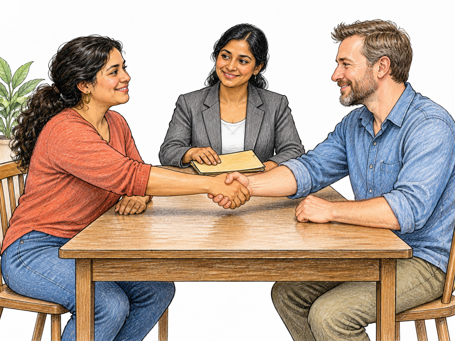 Two disputing neighbors relax and shake hands across a simple table after agreeing, while the mediator puts down a plain folder; calm resolved expressions, no legal lettering.