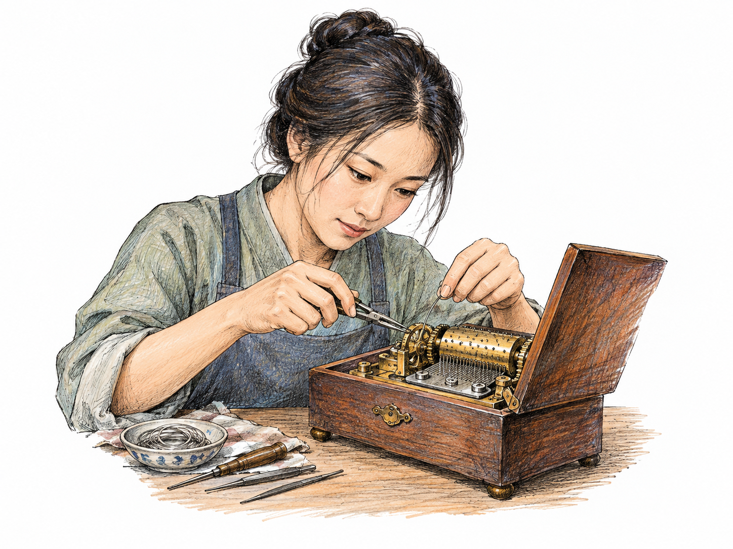 An adept craftsperson deftly holds small pliers and threads a fine wire into an intricate mechanical music-box mechanism, confident careful fingers and solved arrangement.