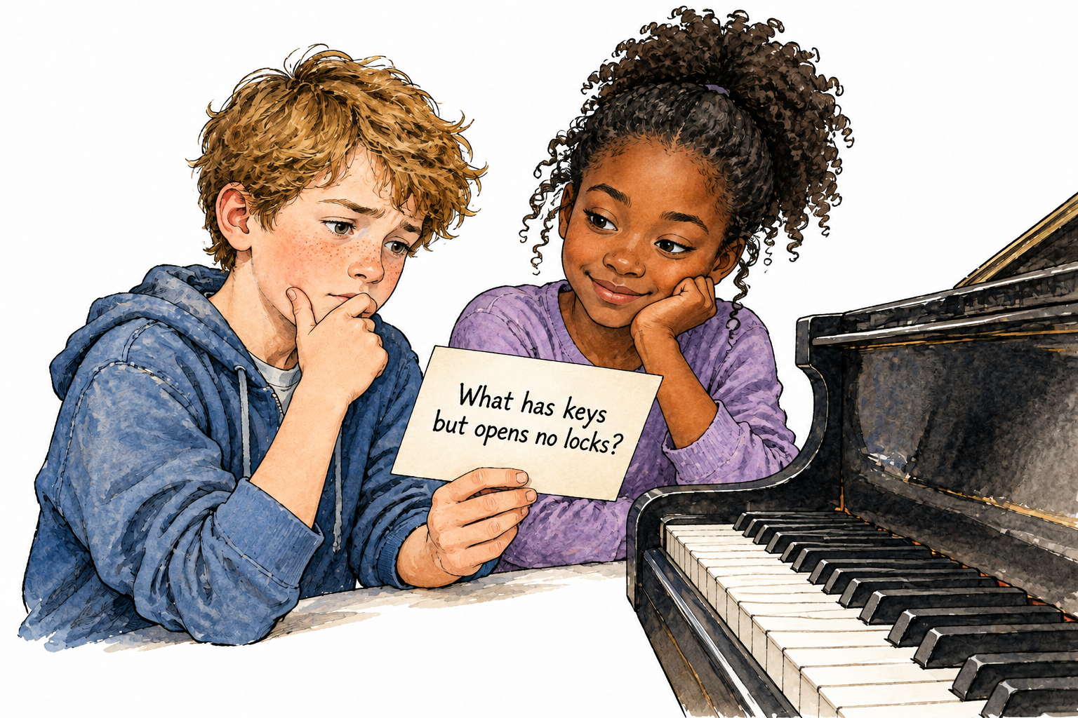Two friends, a white boy and Black girl, ponder a card reading exactly “What has keys but opens no locks?” beside a piano keyboard, visual answer to the riddle.
