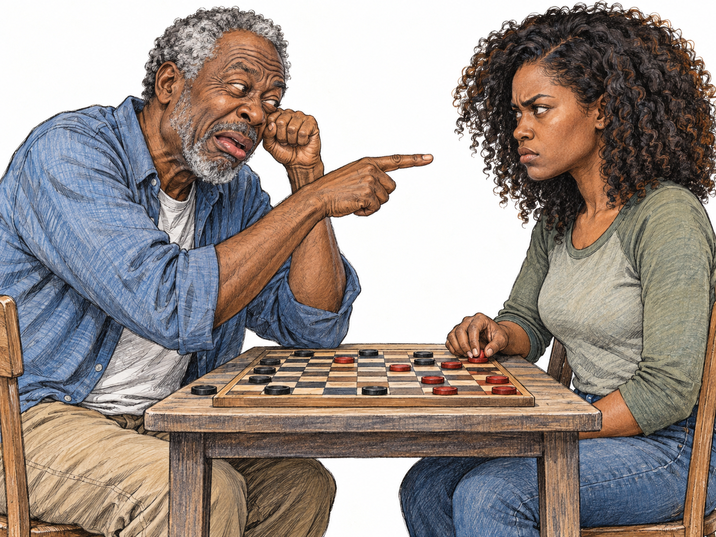 Across a checkers table, an older man directs a conspicuous mock-crying performance at his irritated opponent: he points at her while rubbing beneath one eye with his other fist, exaggerating a pout around an open, sneering mouth.