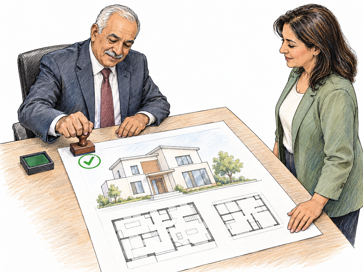 A close, elevated view of an official pressing an approval seal onto an applicant's architectural plan, making formal authorization the dominant action rather than a document handover.