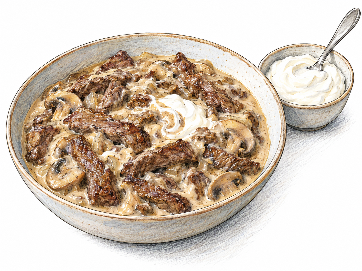 A shallow bowl of beef stroganoff: clearly visible browned beef strips coated in pale sour-cream sauce, with a small dish of thick sour cream beside it.