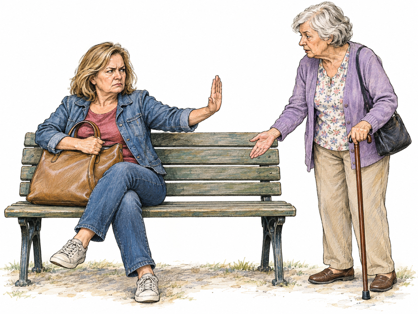 A sour-faced middle-aged woman occupies a park bench and stubbornly guards the empty seat with her bag, refusing an older woman's polite gesture asking to sit.