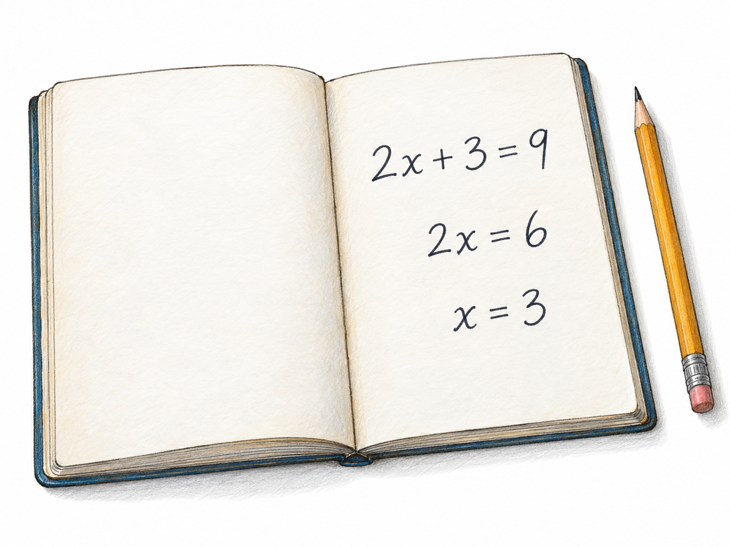 An open mathematics notebook showing a short, legible symbolic equation and its solution, with a pencil resting beside it.