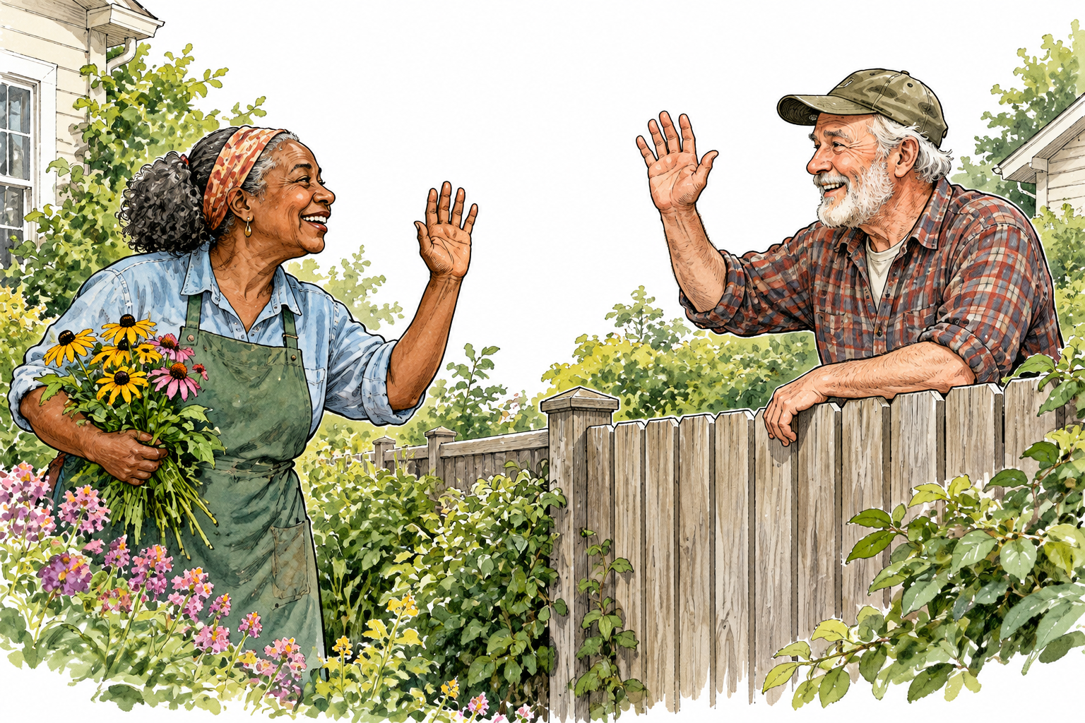 Two neighbors exchanging a friendly wave and warm greeting across a garden fence, no speech bubbles.