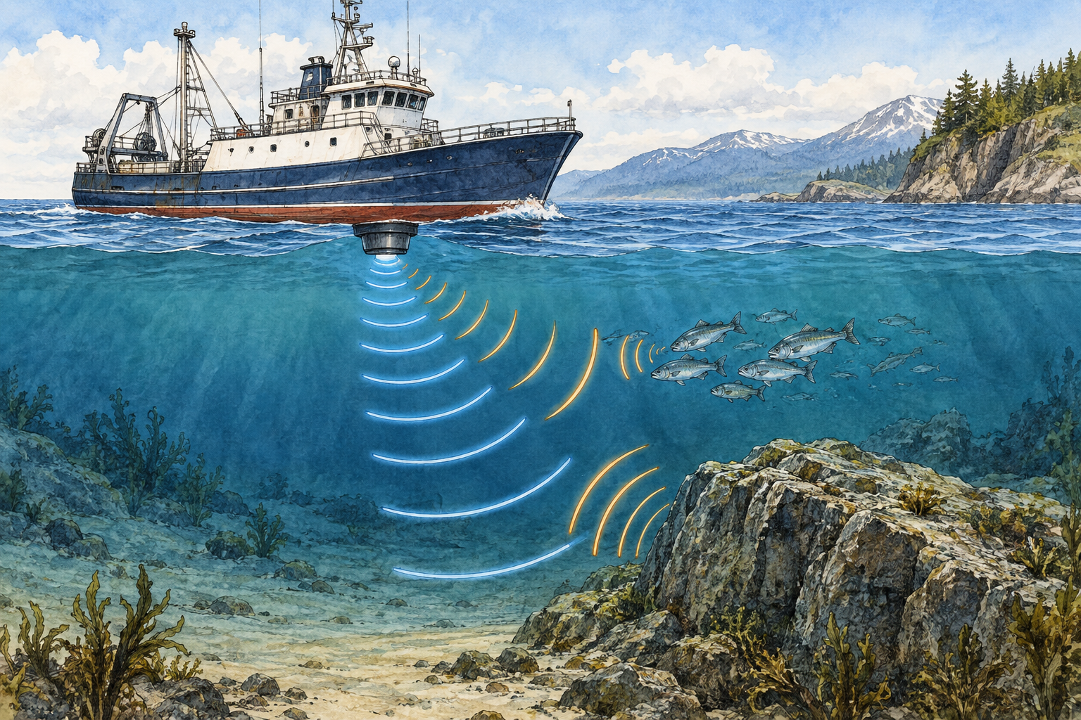 Ship sonar cutaway: transducer below hull sends curved sound pulses toward underwater rock and fish, reflected returning pulses in different color, clear echo detection, no labels.
