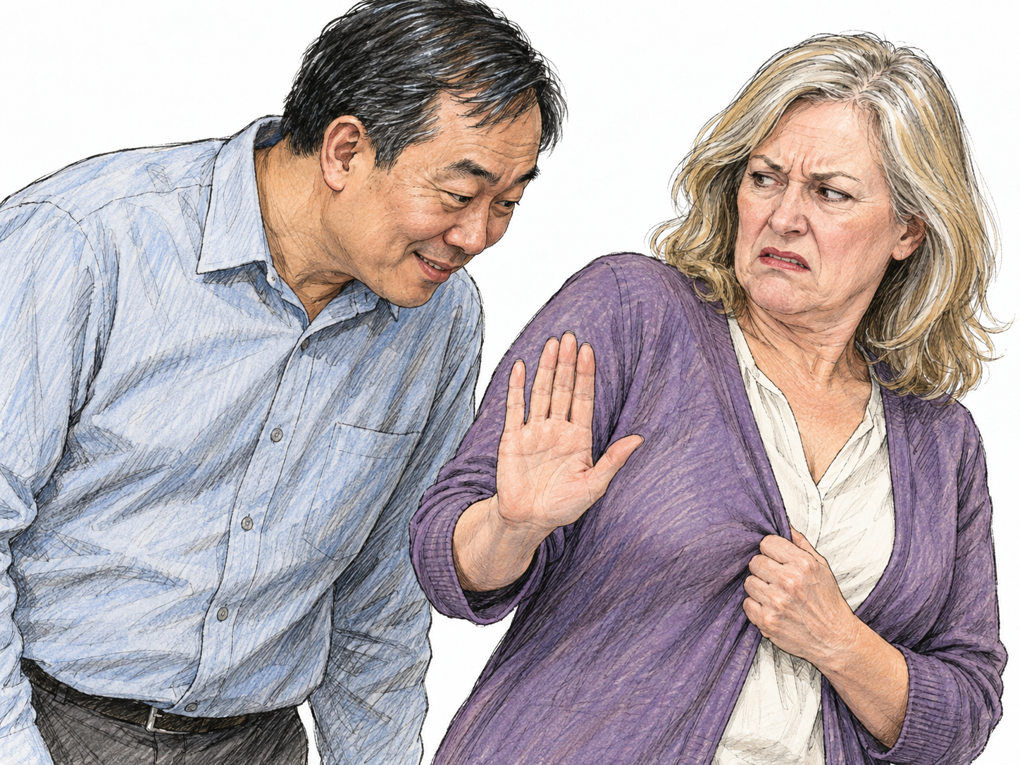 A man conspicuously leers at a woman's neckline while leaning into her personal space; she pulls her cardigan closed, recoils, and raises a firm stop palm.