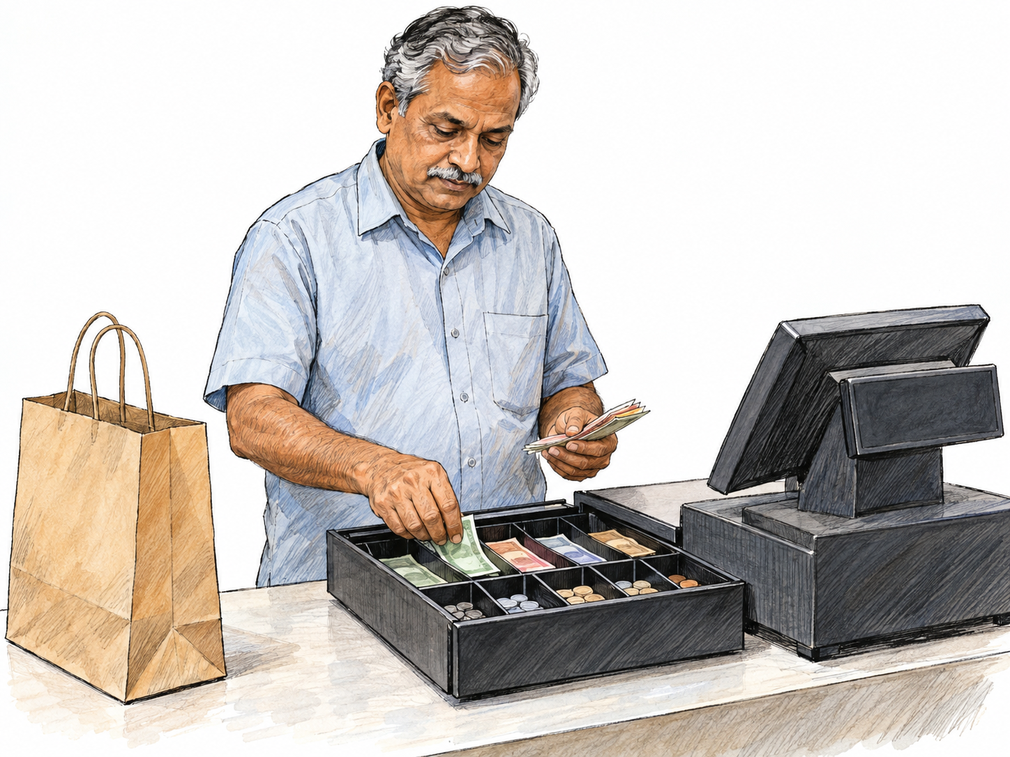 An older South Asian male cashier sorts received banknotes into an open cash-register drawer at a simple shop checkout, with a plain paper shopping bag nearby.