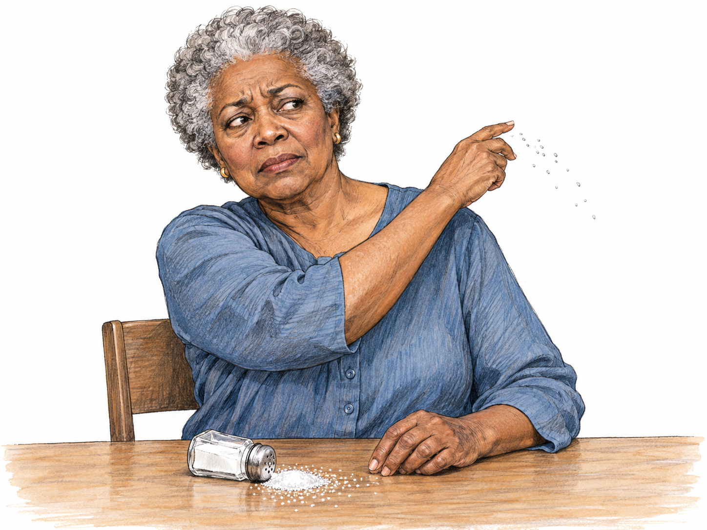 An older woman reacts to spilled salt by anxiously tossing a pinch over her left shoulder, depicting a recognizable ritual intended to ward off bad luck.
