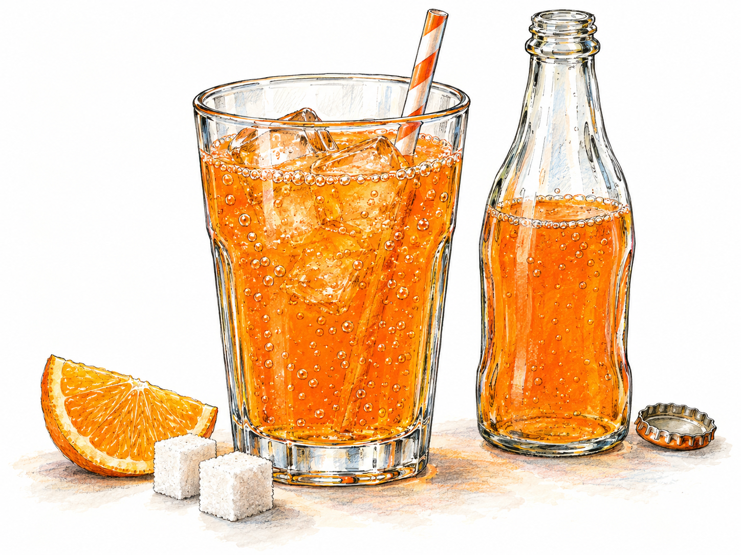 An open, unlabelled soft-drink bottle beside a clear glass of fizzy orange soda, with rising carbonation bubbles, ice, a drinking straw, and a small orange wedge and sugar cubes indicating sweet citrus flavor.