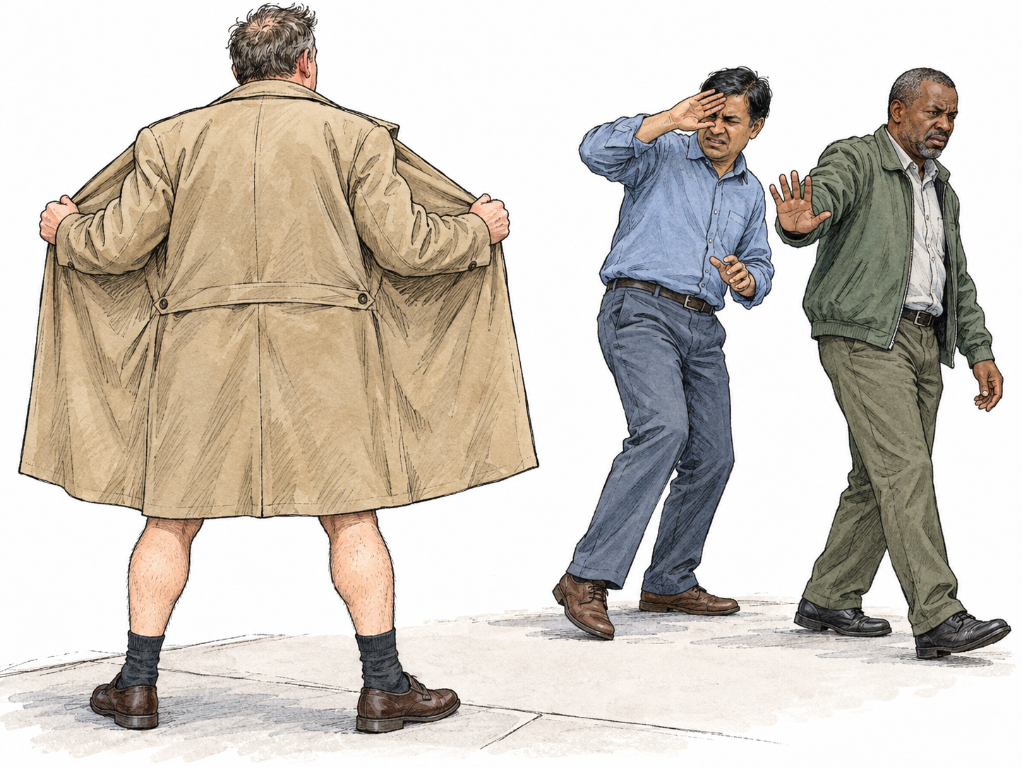 Obscenity as offensive sexual behavior: adult pedestrians recoil from a public exhibitionist, shown entirely from behind with his body concealed by an opaque coat.