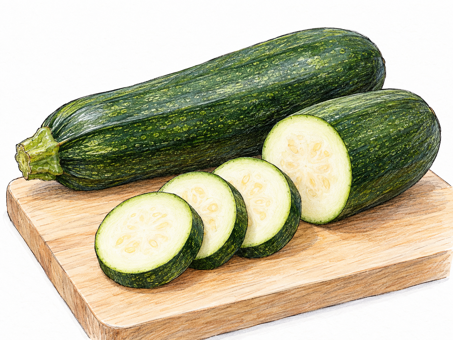 A whole dark-green zucchini beside a second zucchini with its end sliced into rounds, revealing pale flesh and small soft seeds.