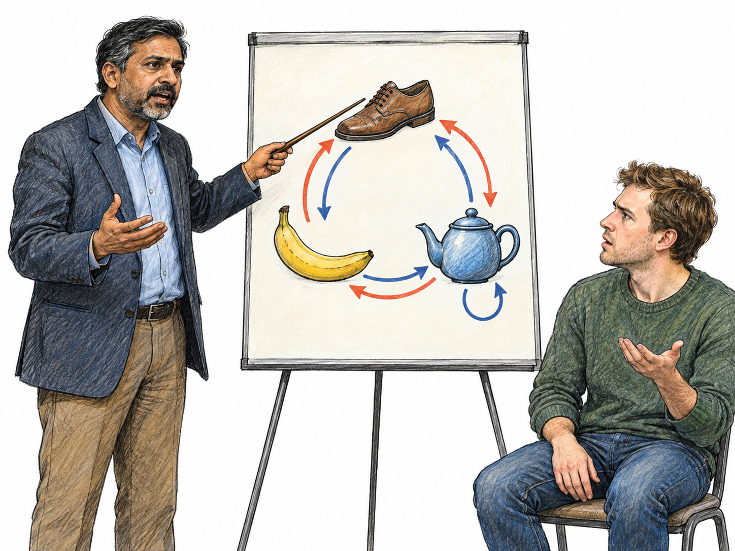A pompous speaker delivers an apparently serious explanation using an absurd, circular diagram of unrelated everyday objects, while his listener tries unsuccessfully to follow the connections.