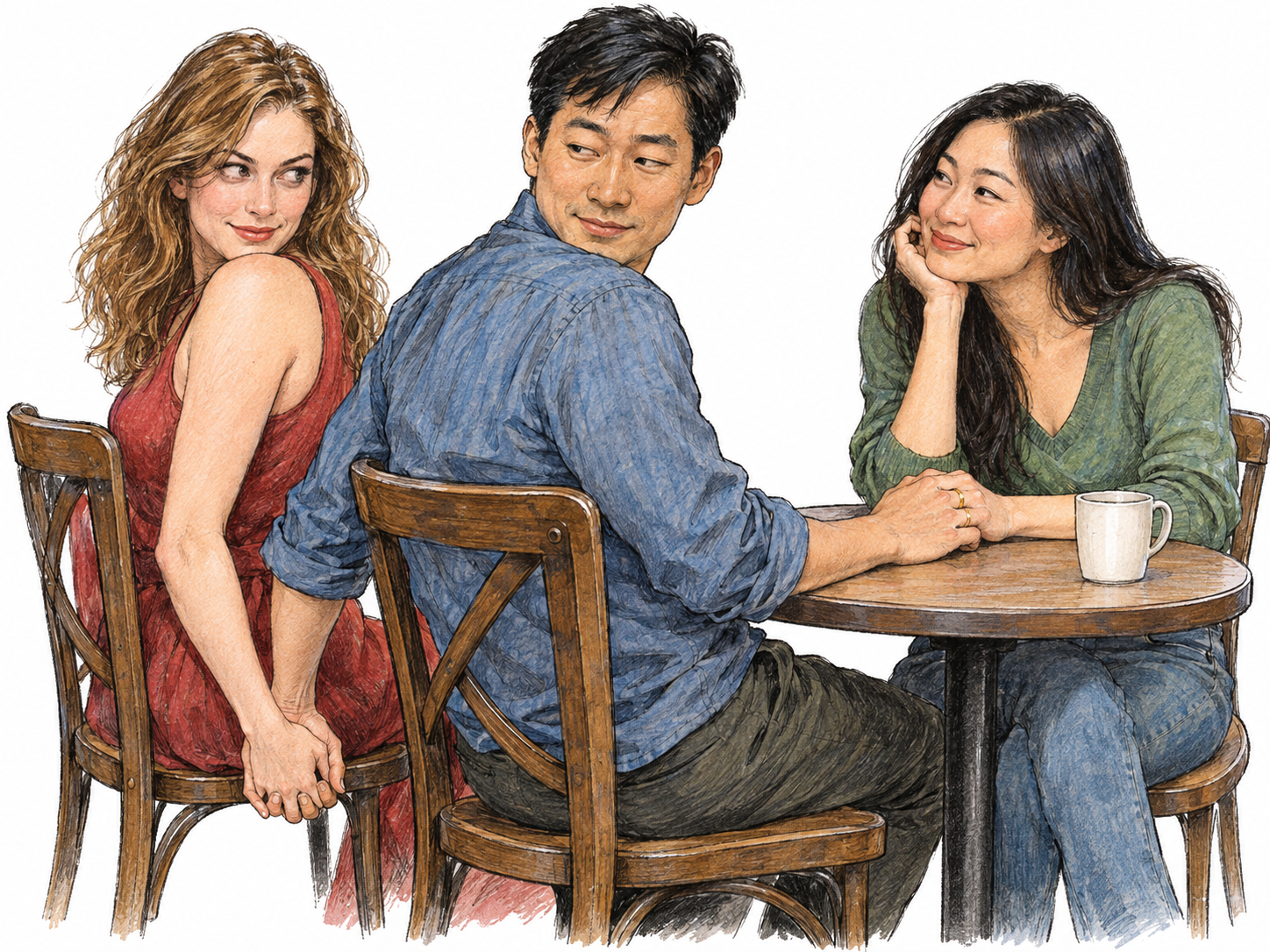 At a small café table, a man holds his wife's hand openly while secretly interlacing his other hand with another woman's behind his chair.