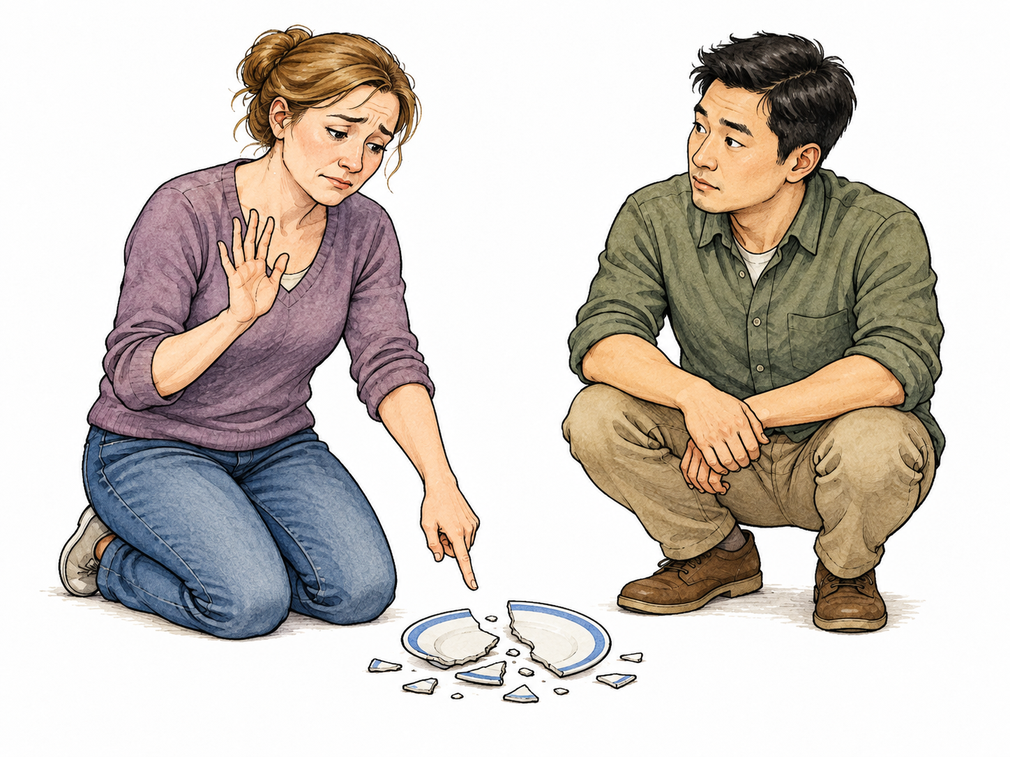Adult reluctantly raises hand and points to own broken plate, apologetic expression, companion listens, admission of fault clear.