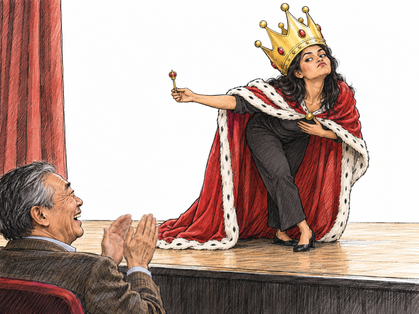 A stage performer parodies royal grandeur with an absurdly oversized crown, a sweeping theatrical bow, and a tiny toy scepter; a visible audience member laughs at the exaggerated performance.