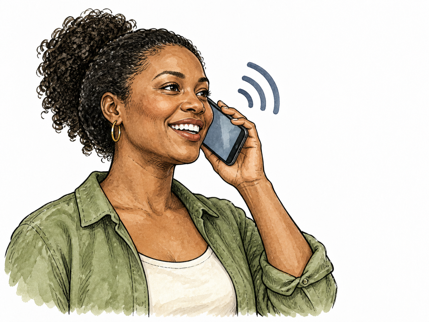 A modern smartphone held by a Black woman making a call, screen simple and no text.